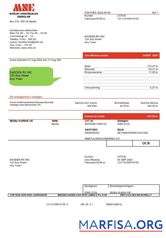 Printable Sweden Mjölby Kraftnat AB business utility bill template in Word and PDF formats